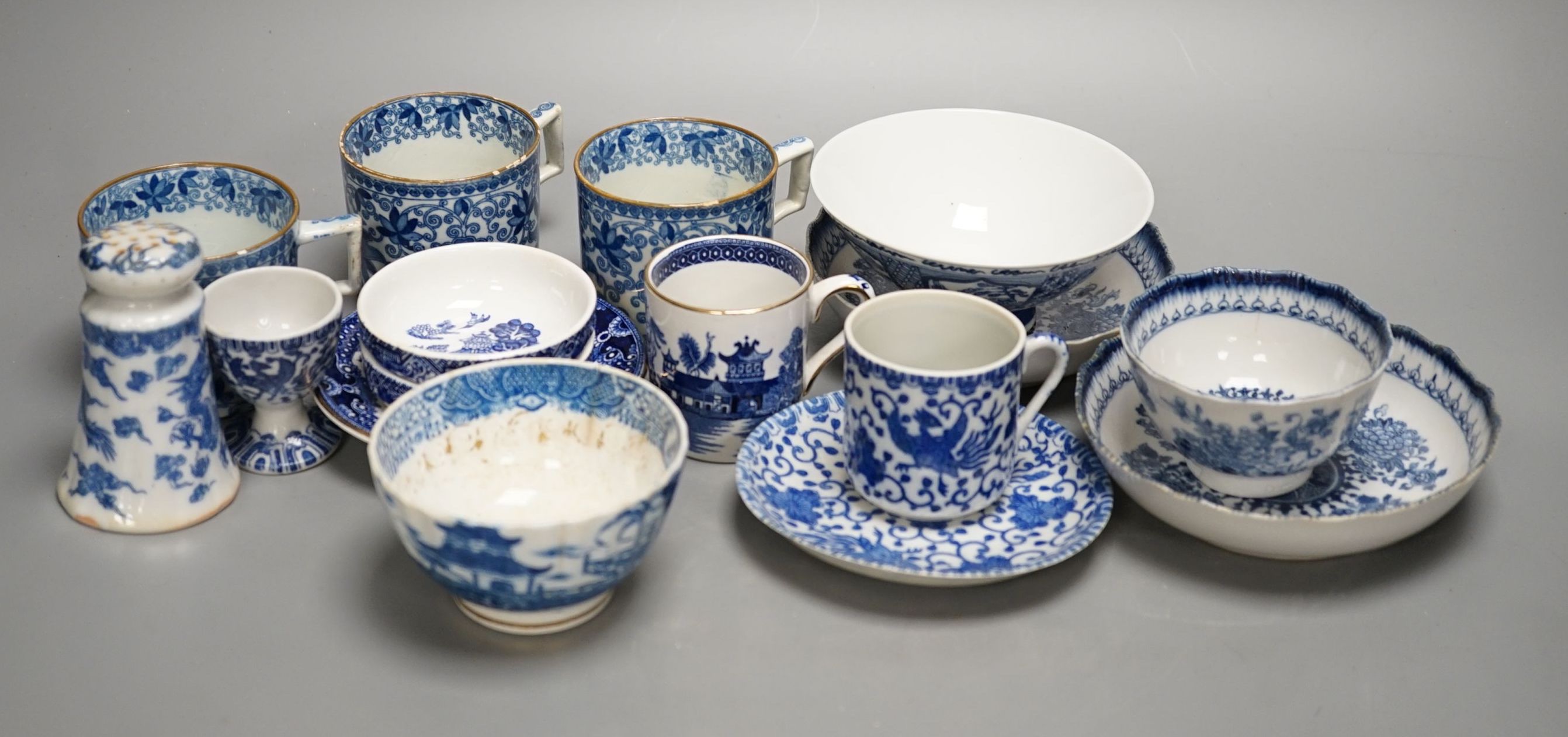 Mixed blue and white tableware including Burleigh ware, Wood’s and other 19th century blue and white china